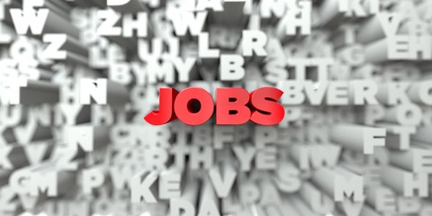 JOBS -  Red text on typography background - 3D rendered royalty free stock image. This image can be used for an online website banner ad or a print postcard.