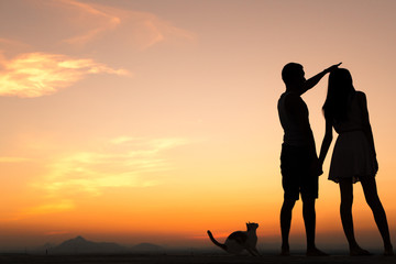 Fototapeta na wymiar Silhouette of Happy Young Couple playing with cat Outside at Sunset