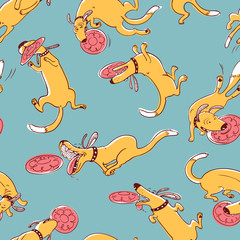 Cute activity dogs vector seamless pattern. Doodle background with frisbee disk