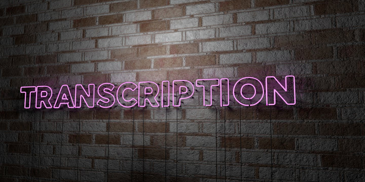 TRANSCRIPTION - Glowing Neon Sign on stonework wall - 3D rendered royalty free stock illustration.  Can be used for online banner ads and direct mailers..