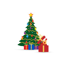 Christmas tree with gifts and red rooster - a symbol of the new 2017.