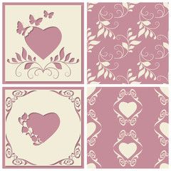 Cut paper frame in the form of heart. Two seamless pattern for any design. Vector illustration.