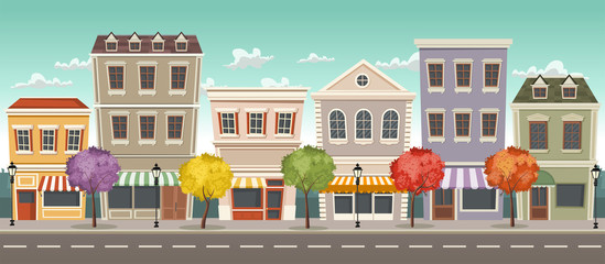 Street of a colorful city with shops
