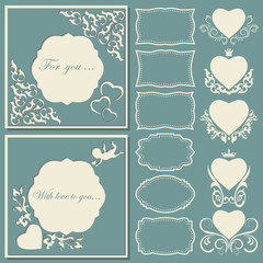 Set hearts and frames of different shapes. Decorative frame cut paper.
