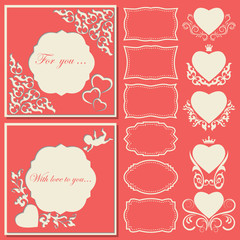 Set hearts and frames of different shapes. Decorative frame cut paper.