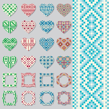 Set of decorative frames and hearts in ethnic style. Seamless pattern.