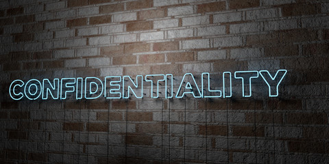 CONFIDENTIALITY - Glowing Neon Sign on stonework wall - 3D rendered royalty free stock illustration.  Can be used for online banner ads and direct mailers..