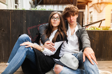 loving couple walking, happy together girl and boy