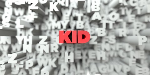 KID -  Red text on typography background - 3D rendered royalty free stock image. This image can be used for an online website banner ad or a print postcard.