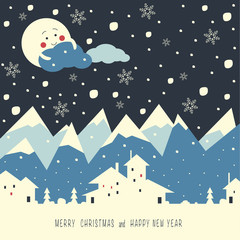 Fototapeta na wymiar The cover design. Depicts a snow mountains, night, moon, clouds, christmas trees and a village. Phrase merry Christmas and a happy New year.