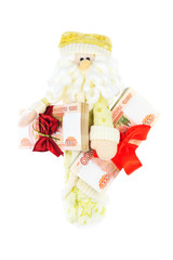 Santa with stacks of russian rubles isolated on white background