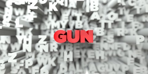 GUN -  Red text on typography background - 3D rendered royalty free stock image. This image can be used for an online website banner ad or a print postcard.
