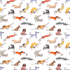 Hand drawn doodle cute dogs. Seamless pattern with plaing pets