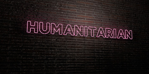 HUMANITARIAN -Realistic Neon Sign on Brick Wall background - 3D rendered royalty free stock image. Can be used for online banner ads and direct mailers..