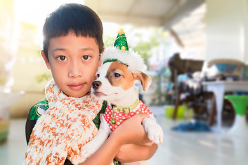 Asian child with a dog, a Jack Russell on Christmas gifts for he