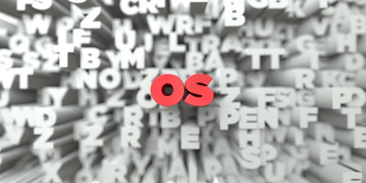 OS -  Red text on typography background - 3D rendered royalty free stock image. This image can be used for an online website banner ad or a print postcard.