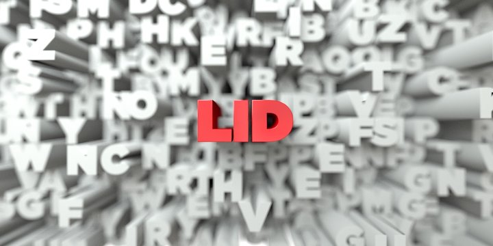 LID -  Red text on typography background - 3D rendered royalty free stock image. This image can be used for an online website banner ad or a print postcard.