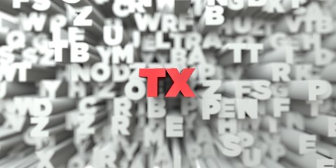 TX -  Red text on typography background - 3D rendered royalty free stock image. This image can be used for an online website banner ad or a print postcard.