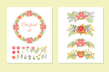 Set of cute doodle wreath, borders, design elements flowers and leaves for decoration, cards, wedding invitation, postcards, party, baby shower, birthday. Vintage floral  template. Vector illustration