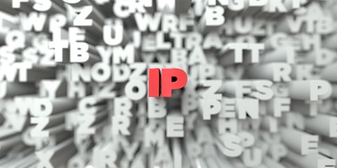 IP -  Red text on typography background - 3D rendered royalty free stock image. This image can be used for an online website banner ad or a print postcard.