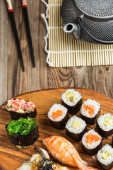 Rolls with avocado and tuna, sushi, gunkan in set