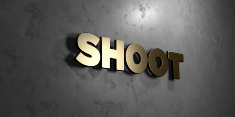 Shoot - Gold sign mounted on glossy marble wall  - 3D rendered royalty free stock illustration. This image can be used for an online website banner ad or a print postcard.