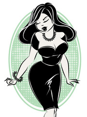 Black and white pin-up sexy woman, hand drawn vector illustration