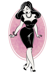 Black and white pin-up sexy woman, hand drawn vector illustration