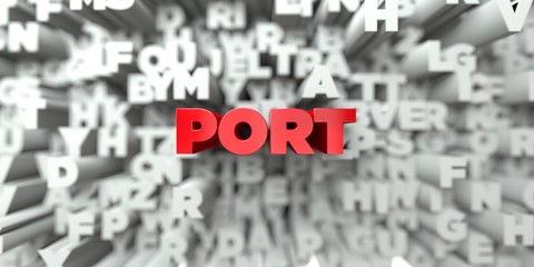 PORT -  Red text on typography background - 3D rendered royalty free stock image. This image can be used for an online website banner ad or a print postcard.