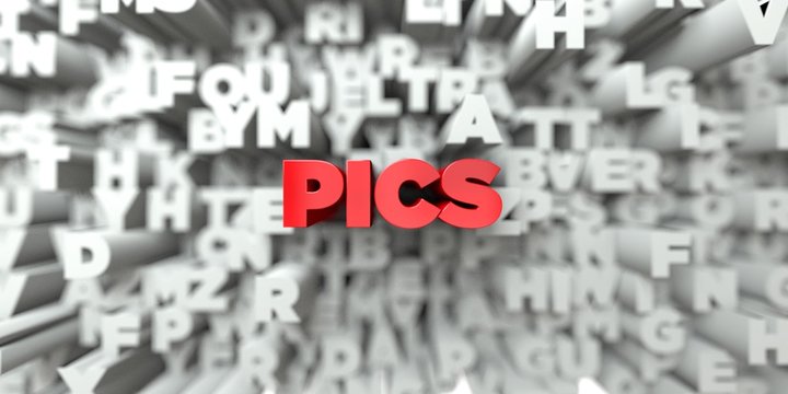 PICS -  Red text on typography background - 3D rendered royalty free stock image. This image can be used for an online website banner ad or a print postcard.