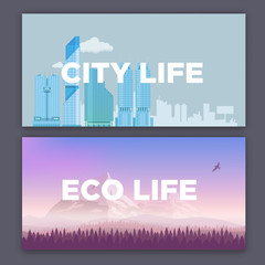 Vector concept illustration of city environment and mountain landscape. Urban and village life.