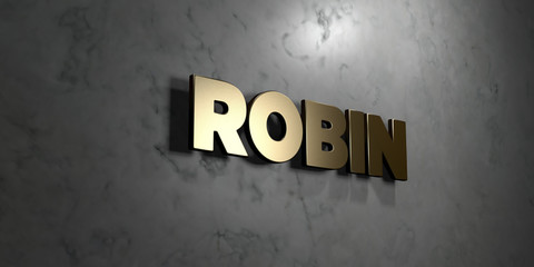 Robin - Gold sign mounted on glossy marble wall  - 3D rendered royalty free stock illustration. This image can be used for an online website banner ad or a print postcard.