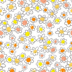 Ink seamless pattern with  flowers in sketchy style. Artistic background