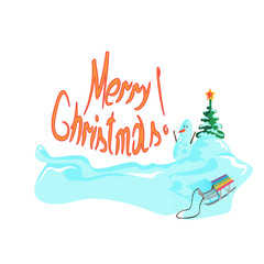 Christmas tree with snowman and sled on a white background