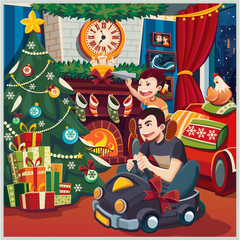 Merry Christmas and New Year. The family decorates the Christmas tree. Interior. Father and son.
