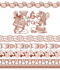 Vector illustration aztec pattern cacao tree,leaves, warriors and decorative borders
