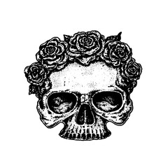 эскиз татуировки череп с цветами - obrazy, fototapety, plakaty