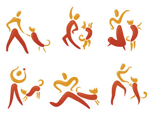 Icons set with people and dogs. Pictogram for partnership of animal and humans