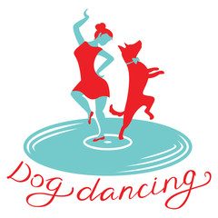 Dog dancing icon. Girl with dog dance on vynil record. Heelwork to music logo. Cynological freestyle