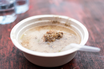 close up thai style mush with pork in bowl is delicious meal,sel