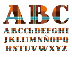 Spanish alphabet, plaid, vector font, capital letters, brown.  The letters of the Spanish alphabet with serifs. Blue stripes on orange-brown background in a cage. 