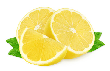Fototapeta na wymiar Isolated lemons. Two half of lemons and a piece isolated on white, with clipping path