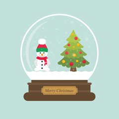 cartoon christmas snowglobe and snowman with hat and fir tree