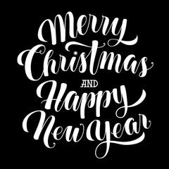 Merry Christmas and Happy New Year text, calligraphic vector illustration, white over black background. Merry Christmas and Happy New Year lettering, greeting text, design element