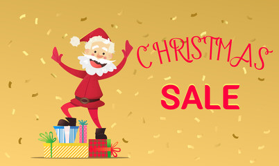Fototapeta premium Santa Claus happy New Year and Christmas discounts. Vector illustrations in cartoon style. Christmas sale