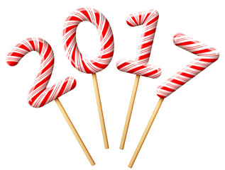 New Year 2017 in shape of candy on wooden stick. Year number of striped peppermint lollipops. Vector illustration for christmas, new years day, sweet-stuff, winter holiday, dessert, new years eve, etc