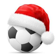 Obraz premium Soccer ball in red Santa Claus hat. Christmas hat is put on association football ball. Vector illustration for christmas, soccer, new years day, sport, decoration, new years eve, winter holiday , etc