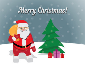 Santa Claus carries bag with gifts. Vector illustration.