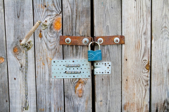 Wooden Grey Door With Handle, Lock And Combination Lock