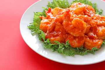 Delicious stir-fried shrimp in chili sauce,chinese cuisine ，エビのチリソース炒め，干烧虾仁